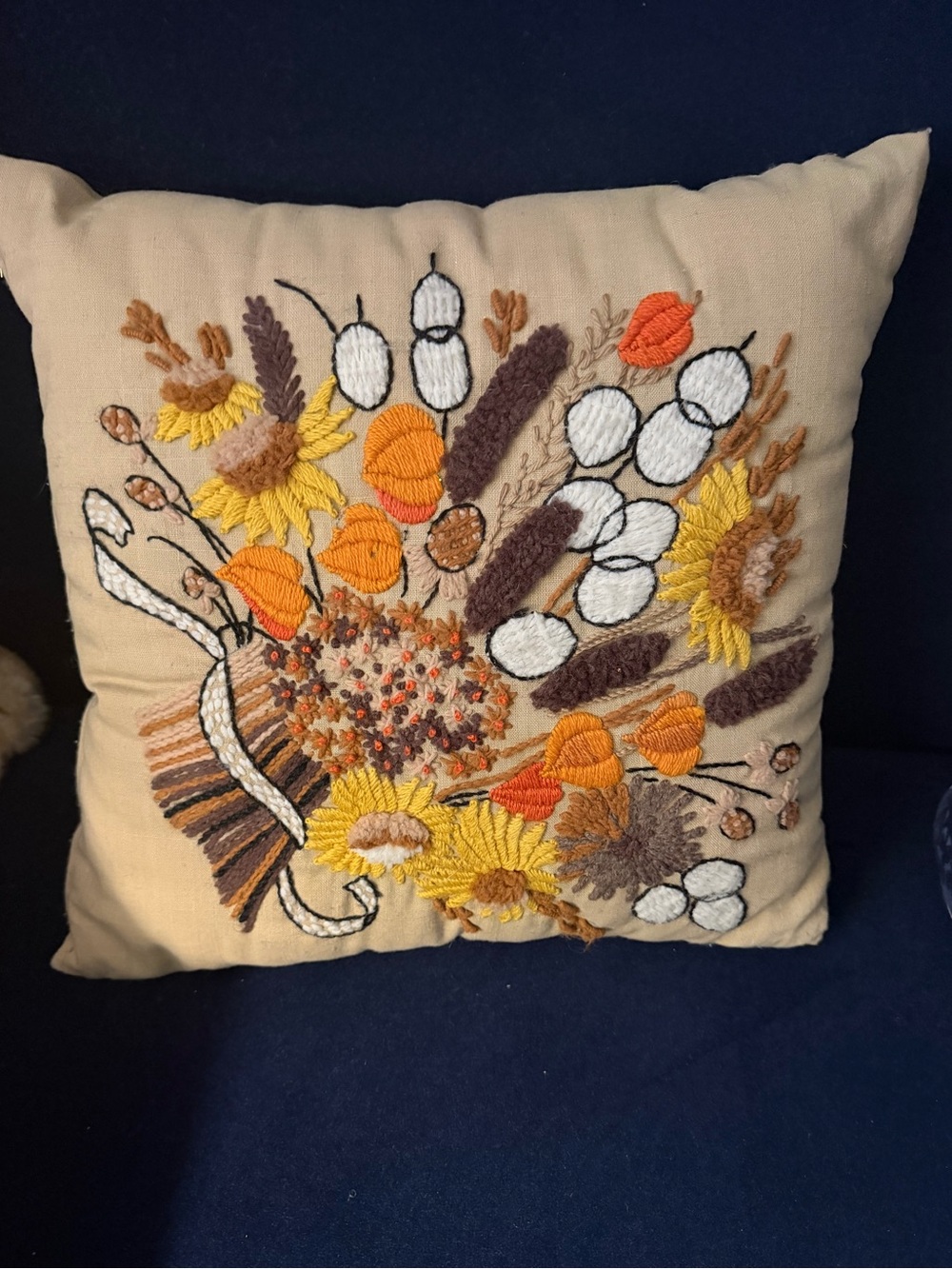 Handmade Embroidered Harvest Bouquet MCM 70’s Needle Point Design Accent Pillow